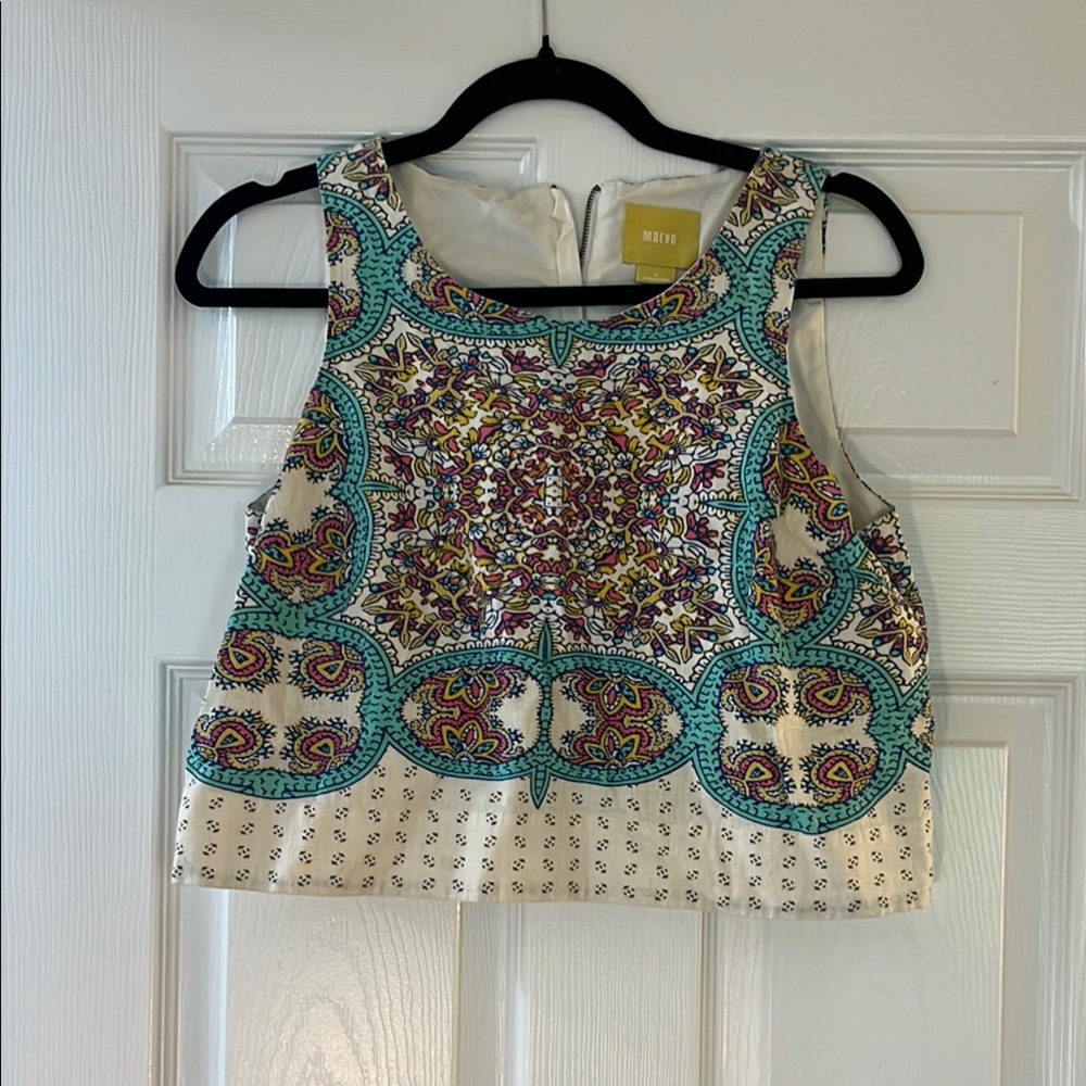 Maeve Blue and Brown Embellished Crop Tank Top